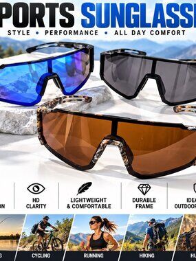 Lot of 3 Cycling Shield Sunglasses Impact Resistant Tinted Gray Brown Blue Gift